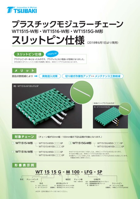 帶縫隙銷的塑膠模組鏈條WT151 5-W、WT151 6-W 和 WT151 5G-M 型